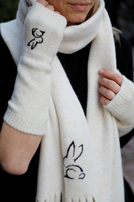Off-white scarf with handmade embroidery "Rabbit" 