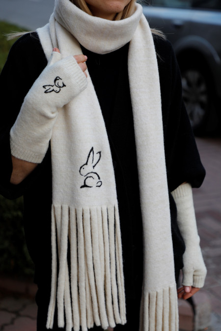 Off-white scarf with handmade embroidery "Rabbit" 