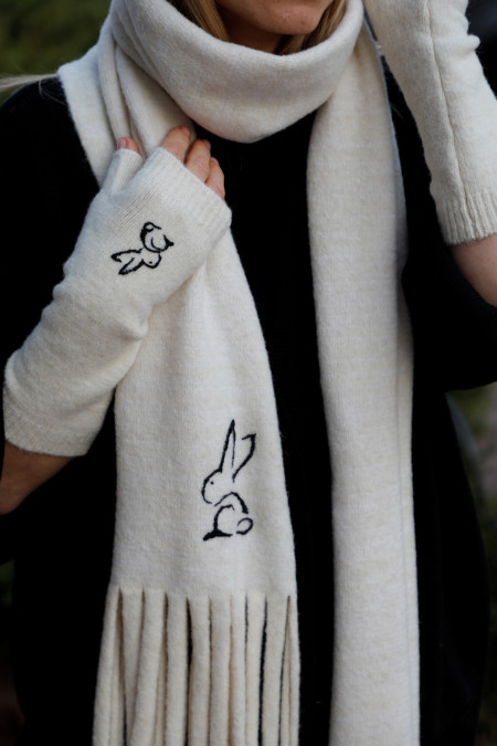 Off-white scarf with handmade embroidery "Rabbit" 